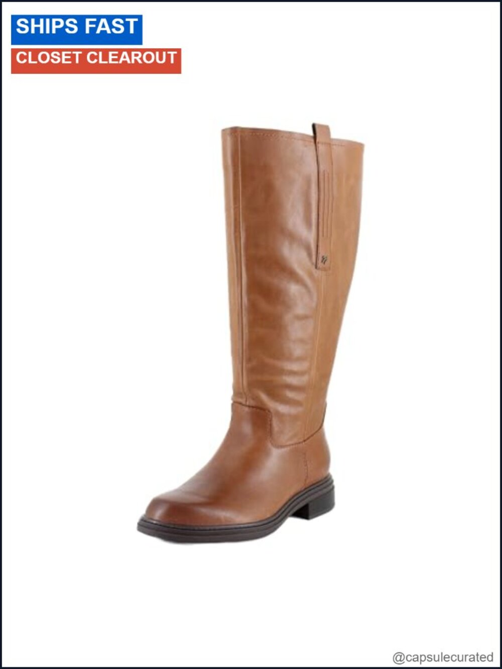 Wide Calf Knee High Boots Leather Round Toe Block Heel Zip